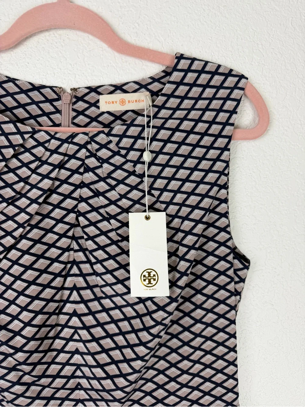NWT Tory Burch Sleeveless A-Line Maxine Silk Geometric Dress Tan Blue 8